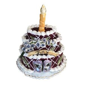 Blue Sky Ceramics July Happy Ruby Birthday Cake Tealight Candle Holder Display